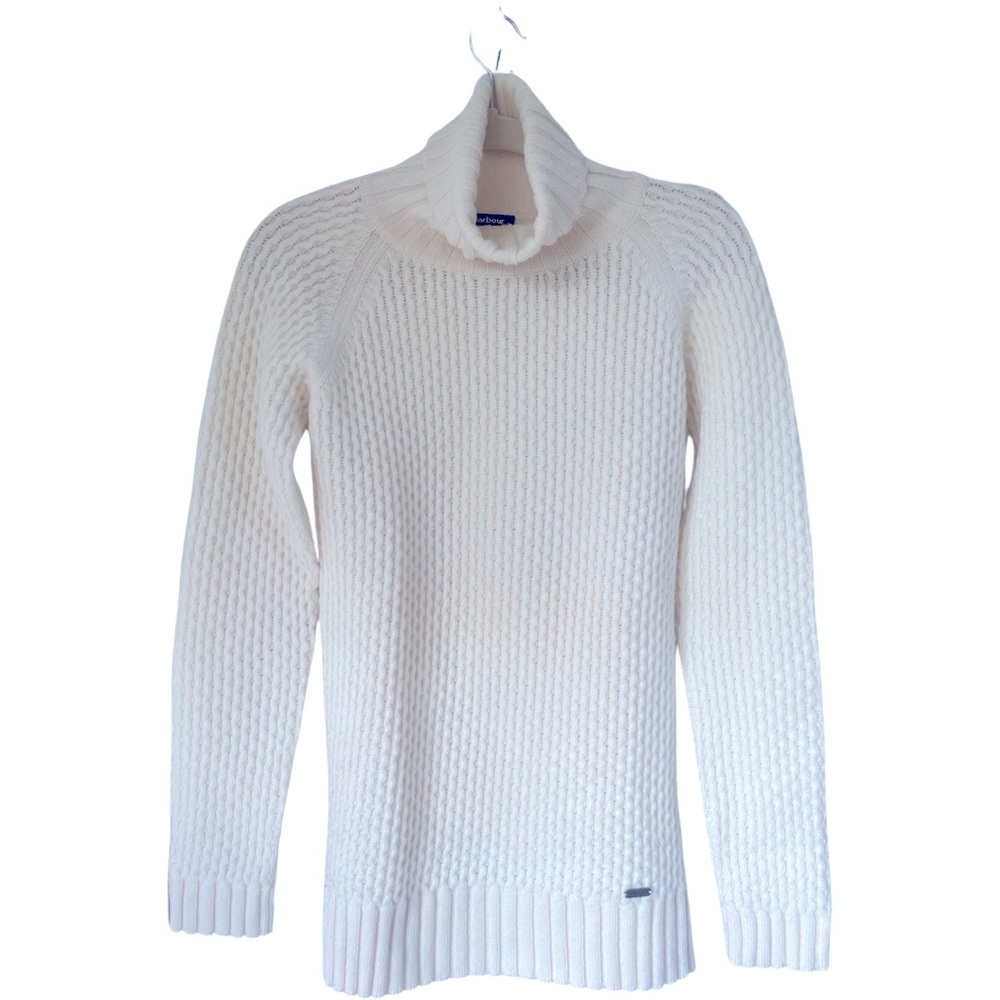 Barbour Turtleneck 100% Wool Knit Ribbed Details Pullover Sweater Womens S Cream